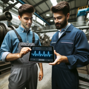 Techniciens discutant des données vibratoires sur une tablette avec le logo ADM en bleu foncé.