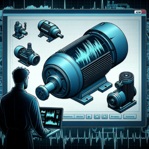 Moteur industriel avec graphiques vibratoires, vue d'un technicien analysant les données sur un écran.